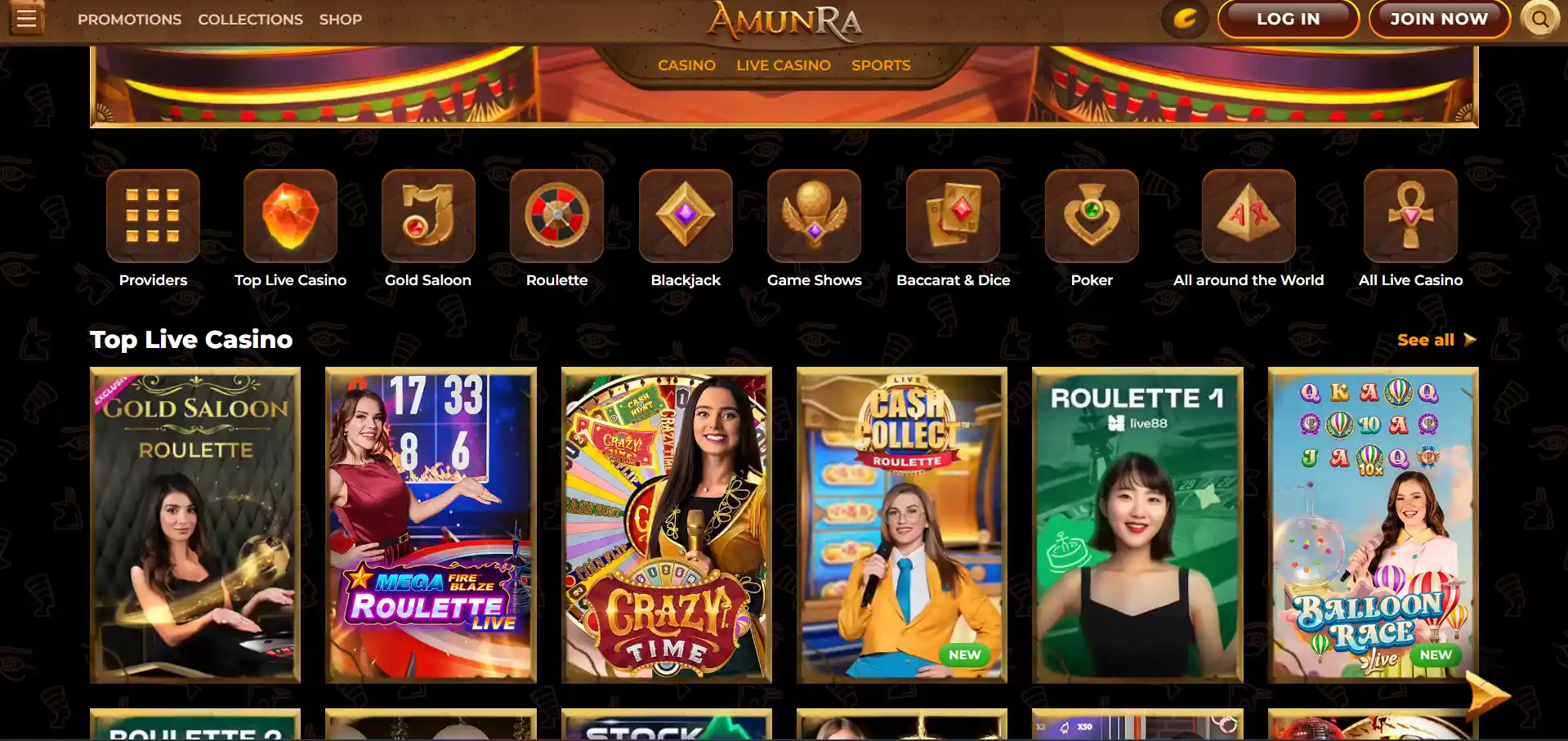 amunra live casino lobby