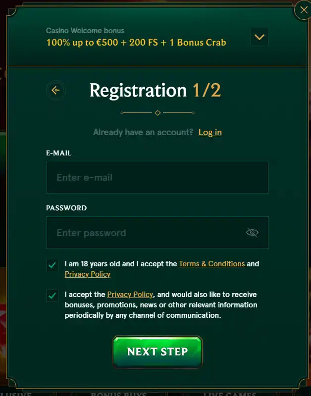 casinia registration form